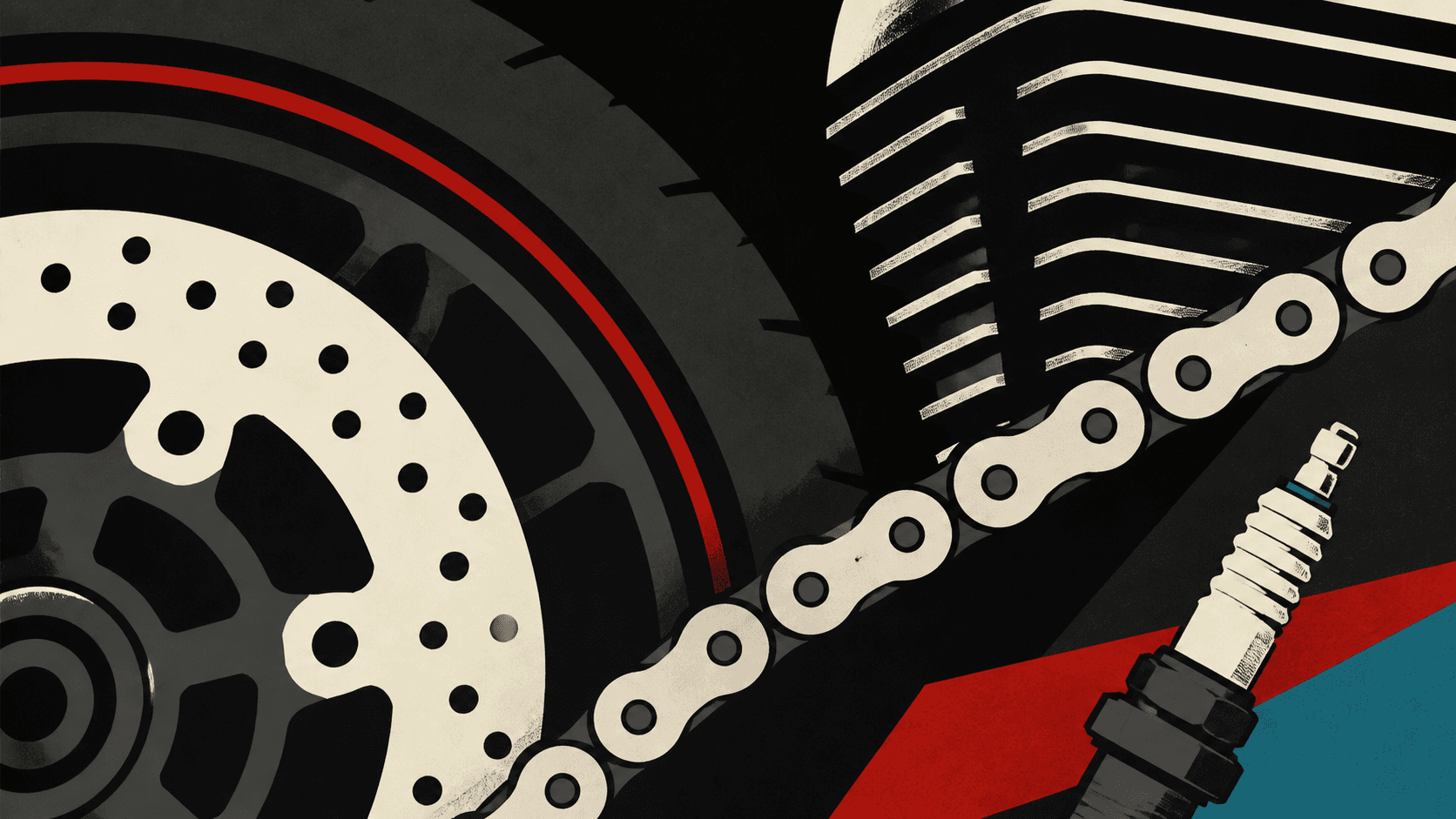 Composición ilustrada de freno, cadena, motor y bujía de motocicleta